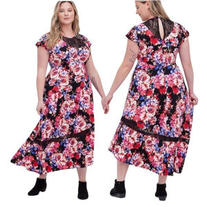 Torrid Midi Studio Knit Fit & Flare Black Floral Asymmetrical Dress Size 1X